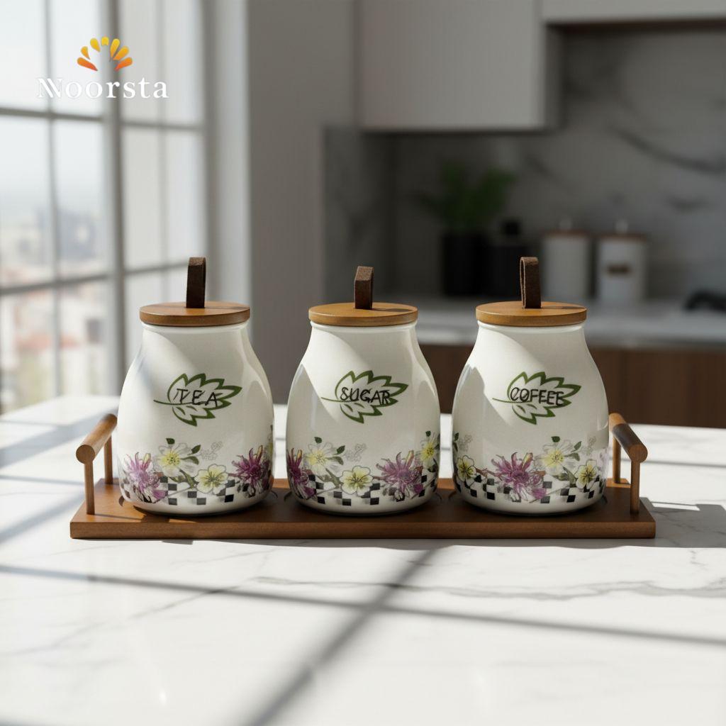 طقم سكر وشاي بورسلين شيك - Botanical Porcelain Tea Coffee Sugar Canister Set - Noorsta