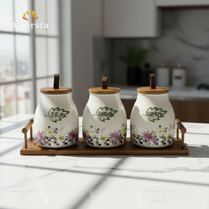 طقم سكر وشاي بورسلين شيك - Botanical Porcelain Tea Coffee Sugar Canister Set - Noorsta