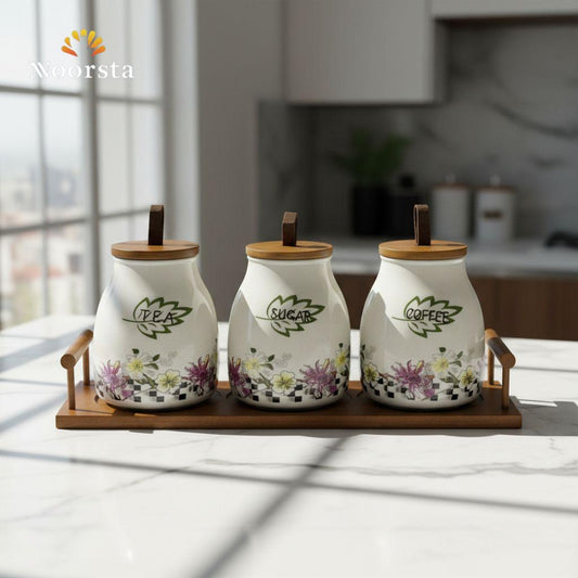 طقم سكر وشاي بورسلين شيك - Botanical Porcelain Tea Coffee Sugar Canister Set - Noorsta
