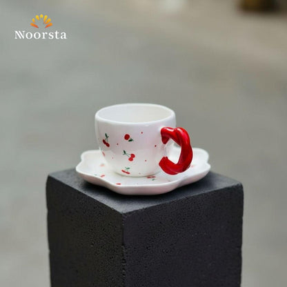 Cherry Motif Sculptural Ceramic Coffee Cup & Saucer