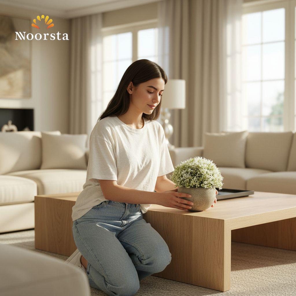 فازة ديكور شيك للترابيزة - Minimalist grey ceramic vase with white flowers - Noorsta