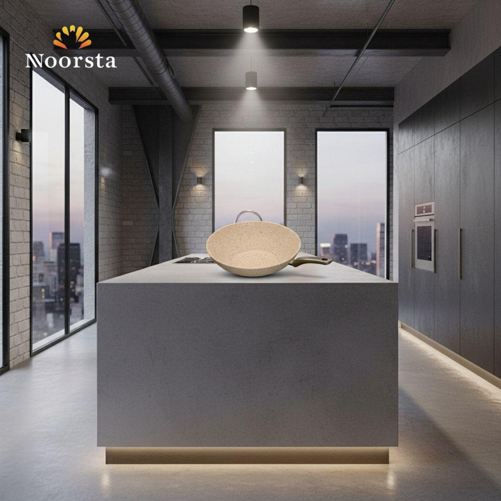 طاسة ووك جرانيت كوك ان مقاس 28 كريمي وأسود - Premium Granite Wok Pan 28cm - Noorsta