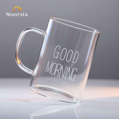 مج بايركس شفاف بكلمة Good Morning سعة 400 ملي - Modern Clear Pyrex Glass Mug with Good Morning Print - Noorsta