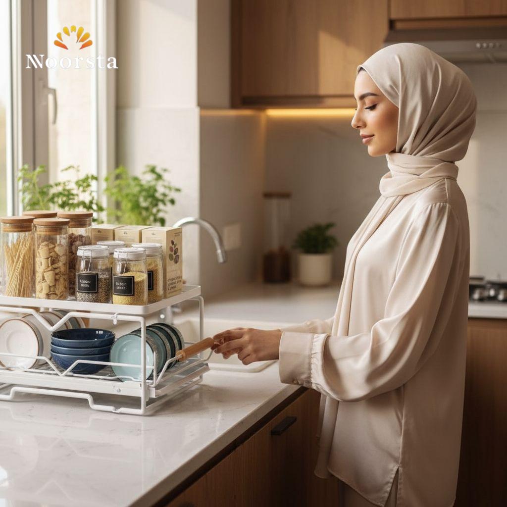 مطبقية متحركة 2 دور لتنظيم المطبخ - Smart 2-Tier Sliding Cabinet Organizer - Noorsta