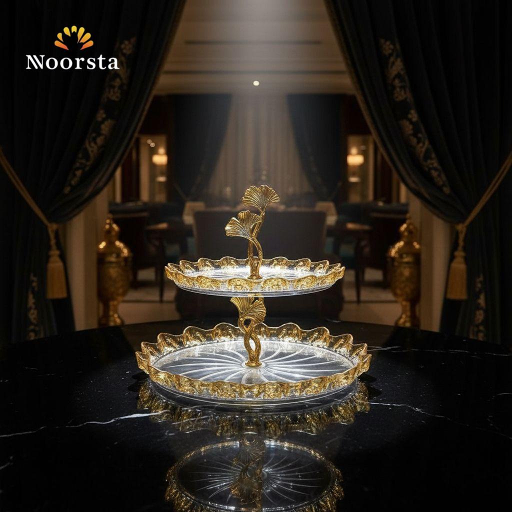 شيالة حلويات دورين كريستال بحواف ذهبية - Luxury 2-Tier Gold Leaf Dessert Stand - Noorsta