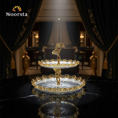 شيالة حلويات دورين كريستال بحواف ذهبية - Luxury 2-Tier Gold Leaf Dessert Stand - Noorsta
