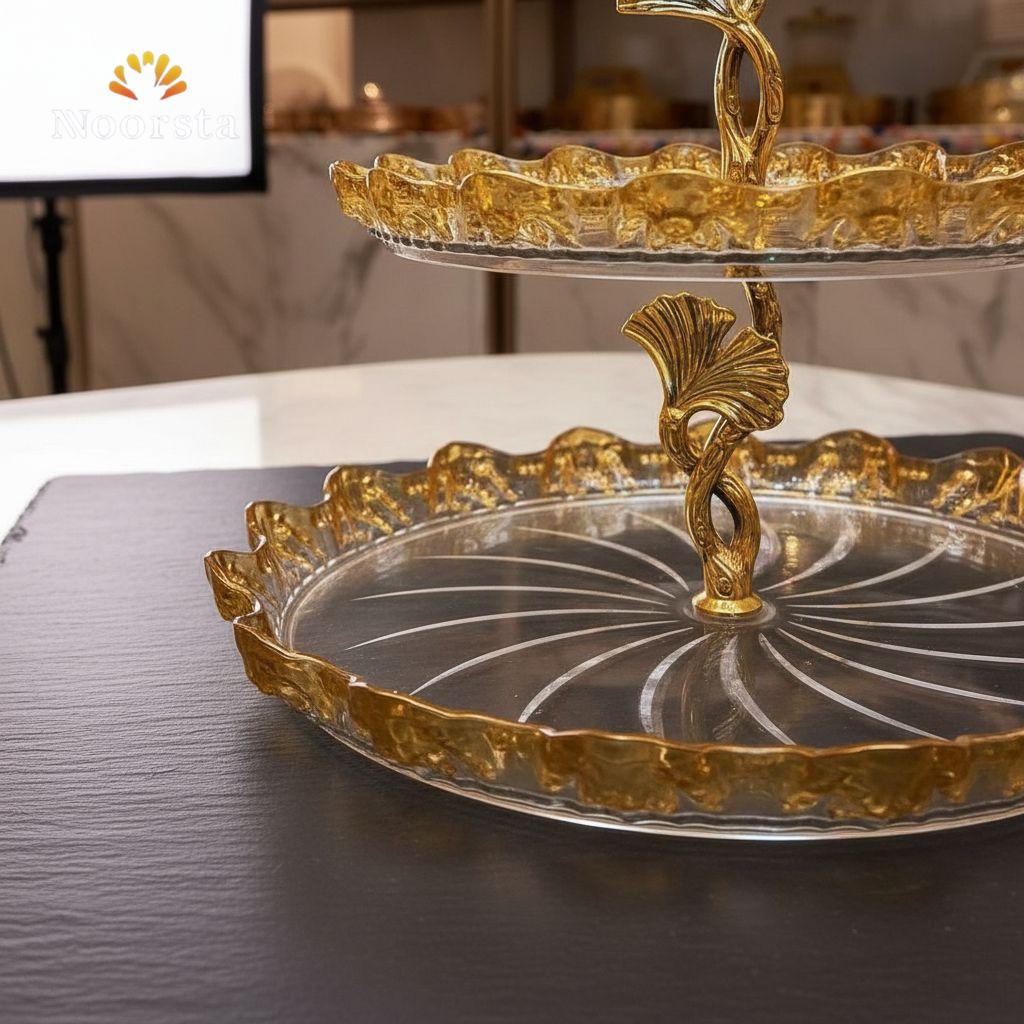 شيالة حلويات دورين كريستال بحواف ذهبية - Luxury 2-Tier Gold Leaf Dessert Stand - Noorsta