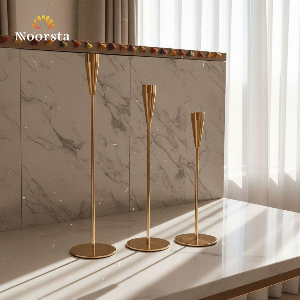 طقم شمعدان دهبي 3 قطع لتزيين السفرة - Luxury Nordic Gold Taper Candle Holder Set of 3 - Noorsta