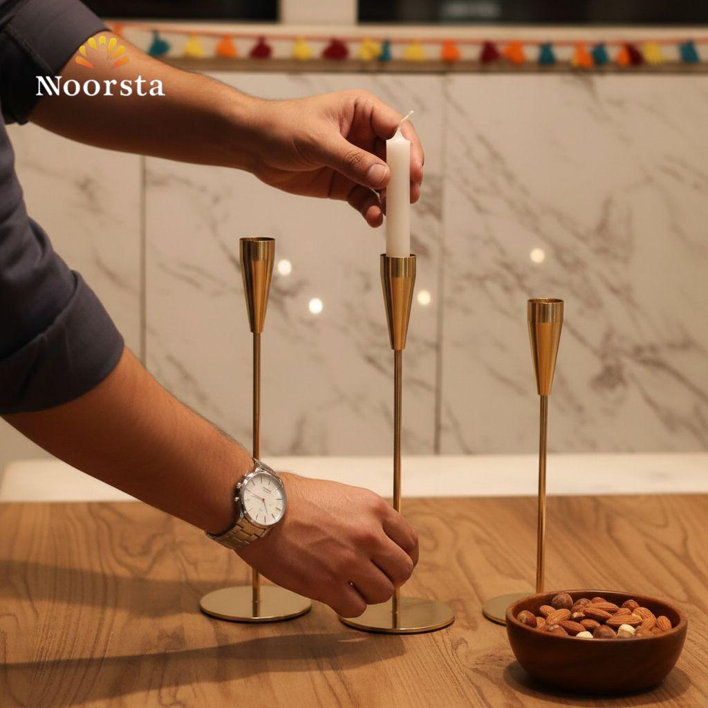 طقم شمعدان دهبي 3 قطع لتزيين السفرة - Luxury Nordic Gold Taper Candle Holder Set of 3 - Noorsta