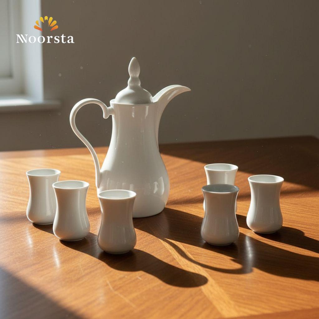 طقم قهوة عربي بورسلين أبيض للتقديم والضيافة - Pure White Porcelain Arabic Coffee Set 7 Pieces - Noorsta