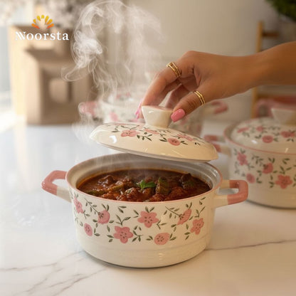 Chic Floral Porcelain Serving Pot with Handles - 20cm