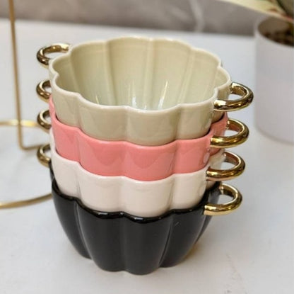Elegant Flower-Shaped Porcelain Bowl Set with Gold Metal Stand - 4 Pieces