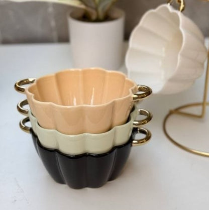 Elegant Flower-Shaped Porcelain Bowl Set with Gold Metal Stand - 4 Pieces
