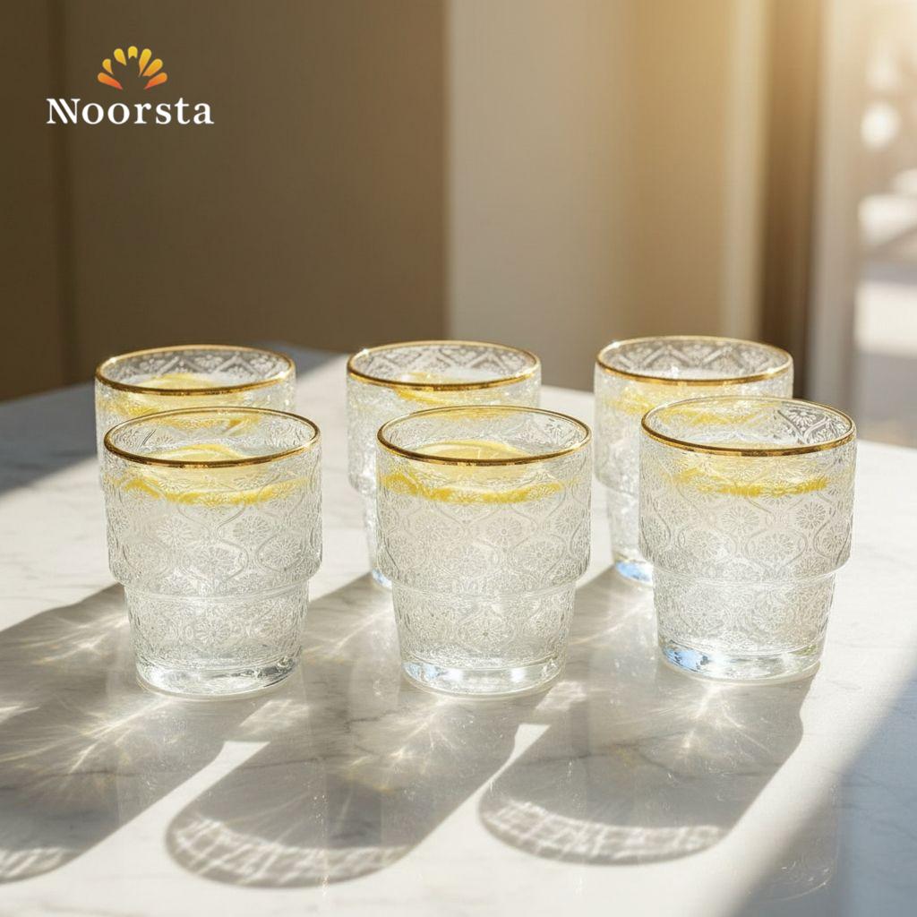 طقم كوبايات زجاج منقوش بحافة دهبي - Royal Vintage Gold Rimmed Glass Set - Noorsta