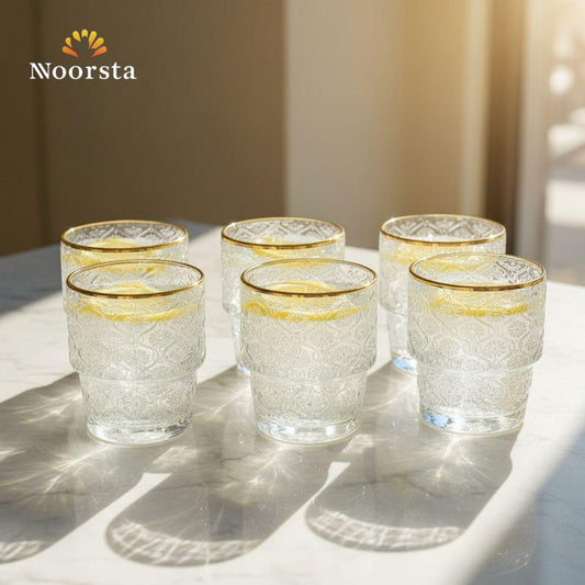 طقم كوبايات زجاج منقوش بحافة دهبي - Royal Vintage Gold Rimmed Glass Set - Noorsta